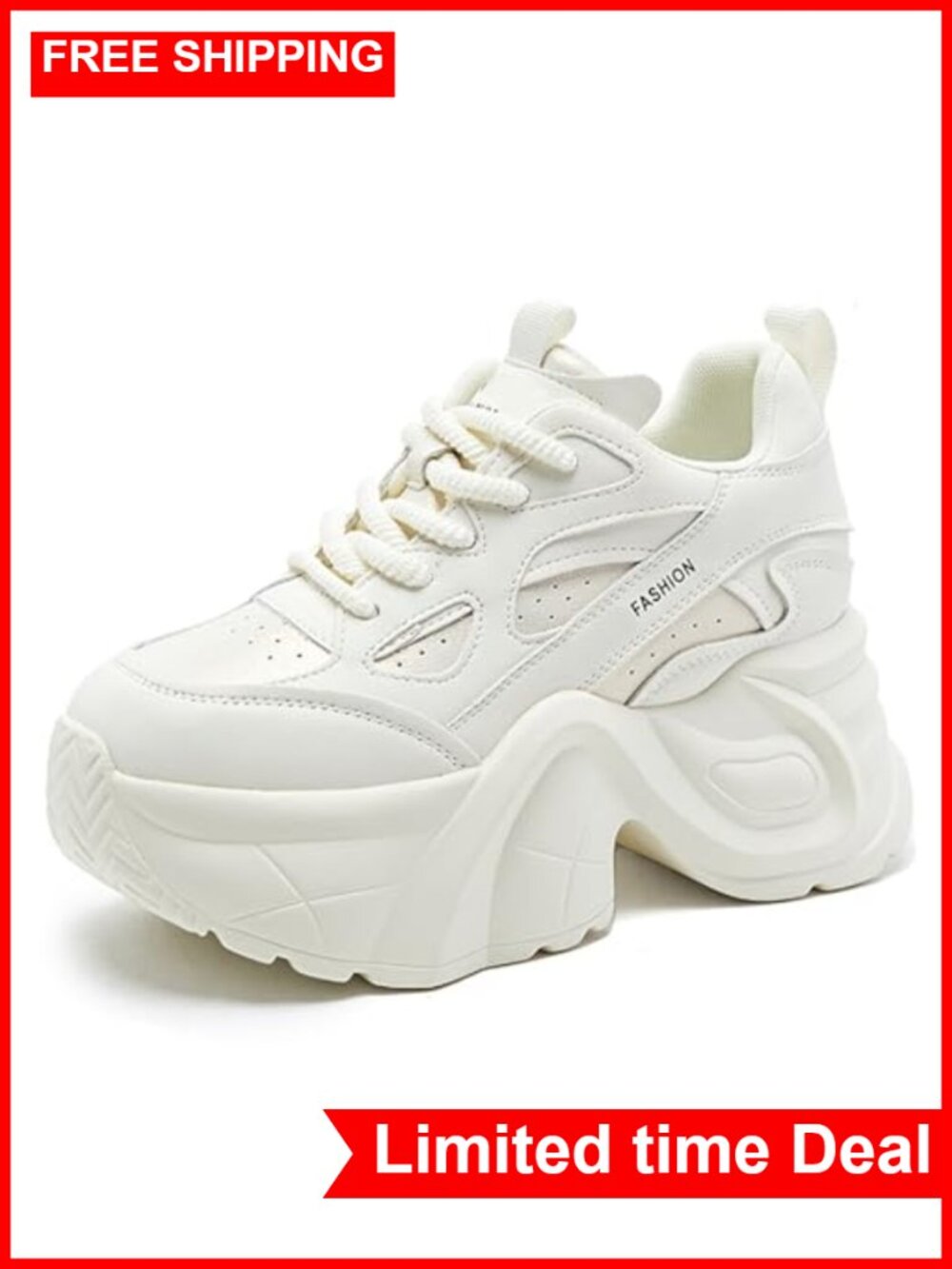 Womens Chunky Platform Walking Shoes Faux Leather Lace Up Wedge Sneakers